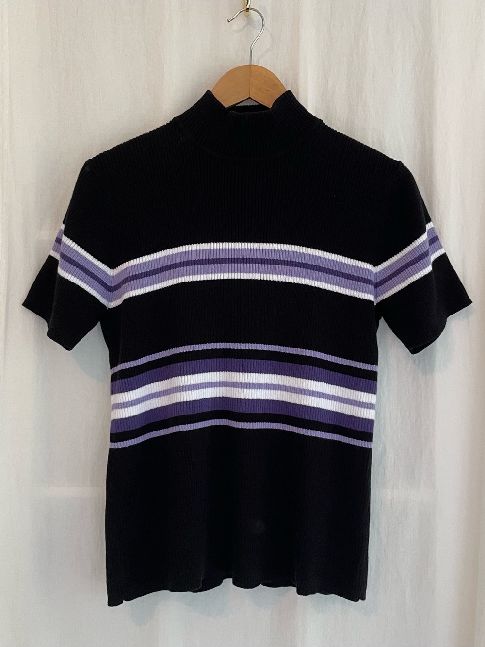 Black Short Sleeve Turtleneck Sweater with Lavender & White Stripes